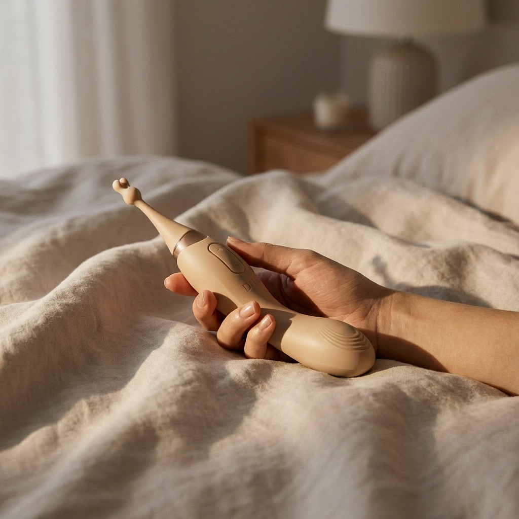 Duo dual-end G-spot and clitoral vibrator shown in hand realistic photo for size reference 