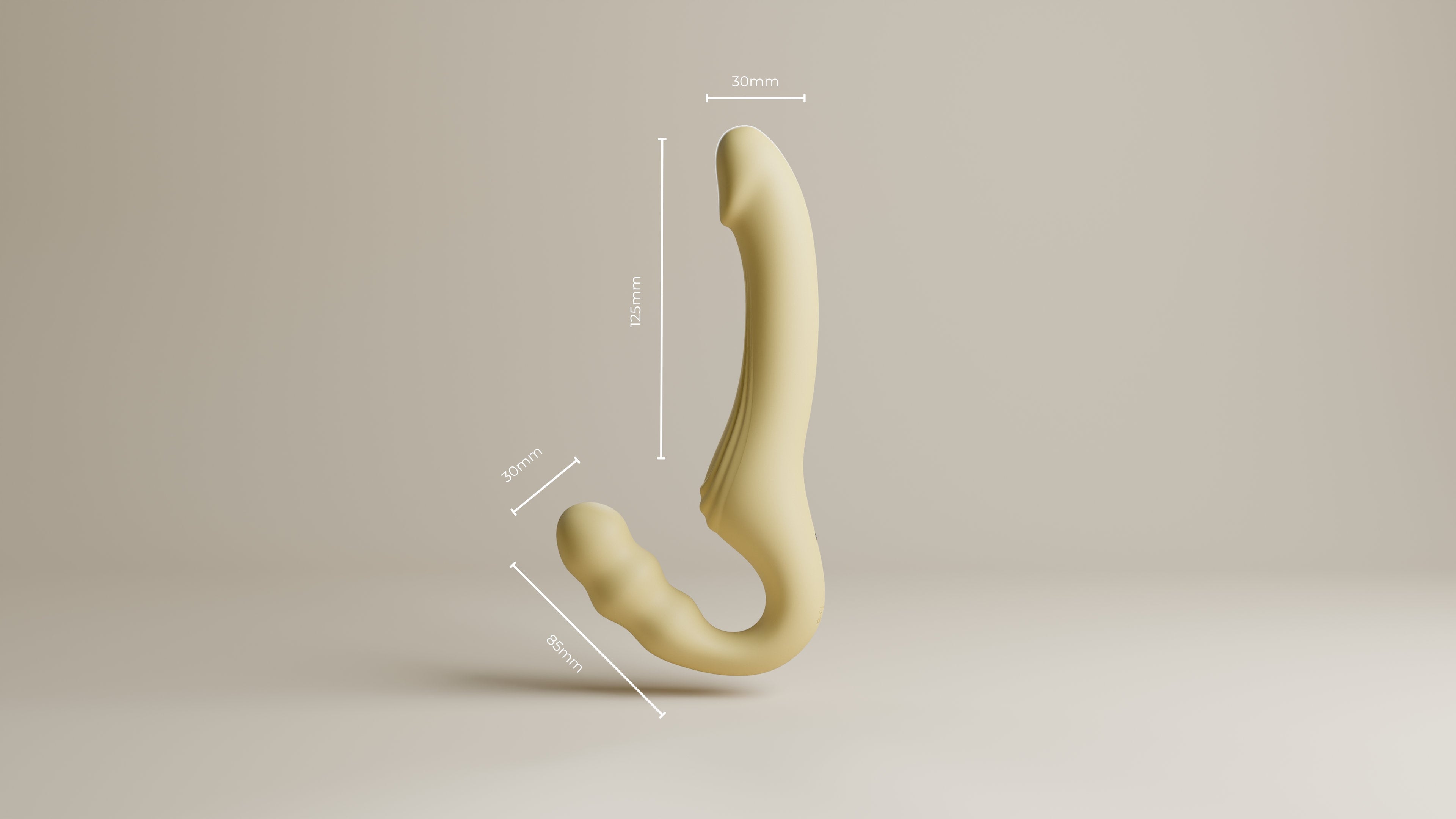  strapless strap-on vibrator side profile right with measurements 